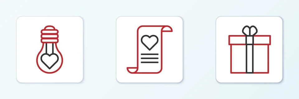 Set line Gift box and heart, Heart shape in light bulb and Envelope with Va.. Stock Illustration