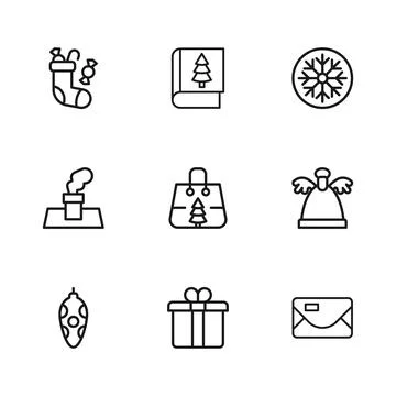 Set line Gift box, Angel, Envelope, Christmas shopping bag, Snowflake, stoc.. Stock Illustration