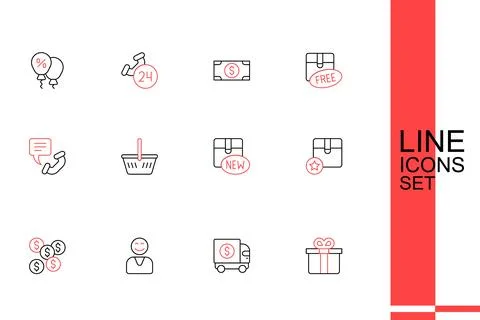 Set line Gift box, Armored truck, Happy customer, Dollar symbol, Carton car.. Stock Illustration