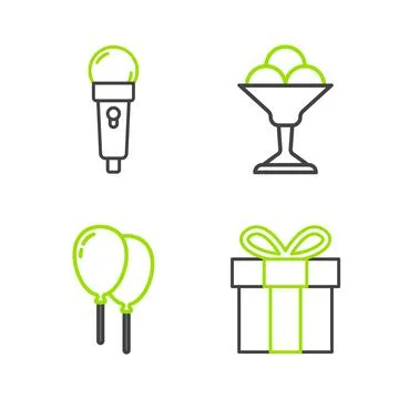 Set line Gift box, Balloons with ribbon, Ice cream in bowl and Microphone icon イラスト素材