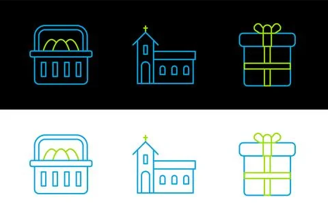 Set line Gift box, Basket with easter eggs and Church building icon. Vector Illustrazione stock