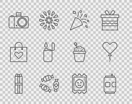 Set line Gift box, Beer can, Festive confetti, Candy, Photo camera, Lighter.. Illustrazione stock