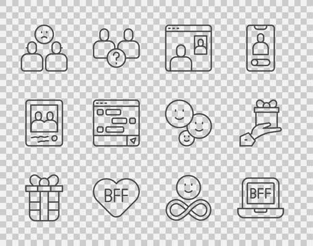 Set line Gift box, BFF or best friends forever, Video chat conference, Comp.. Stock-Illustration