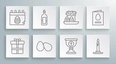 Set line Gift box, Bottle of wine, Easter eggs, Christian chalice, Burning 스톡 일러스트
