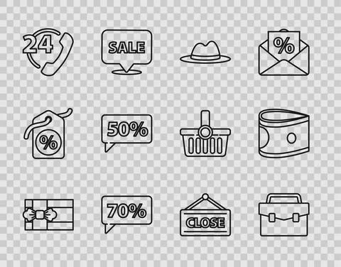 Set line Gift box, Briefcase, Man hat with ribbon, Seventy discount percent tag Stock-Illustration