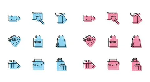 Set line Gift box, Briefcase, Carton cardboard, Shoping bag with Sale, Pape.. Illustrazione stock