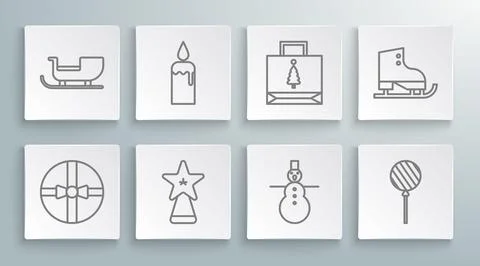 Set line Gift box, Burning candle in candlestick, Christmas star, snowman, .. Stock Illustration