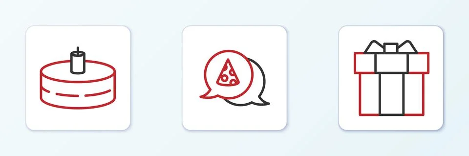 Set line Gift box, Cake with burning candles and Slice of pizza icon. Vector Stockillustratie