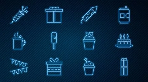 Set line Gift box, Cake with burning candles, Firework rocket, Ice cream, Mul Illustrazione stock