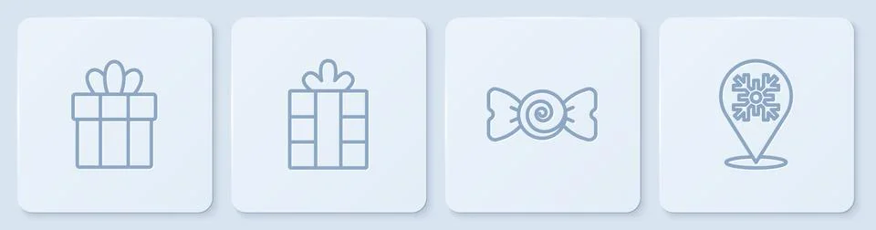 Set line Gift box, Candy, and Snowflake. White square button. Vector Stock Illustration