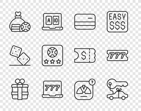Set line Gift box, Car gift, Credit card, Laptop and slot machine, Money ba.. Stock Illustration