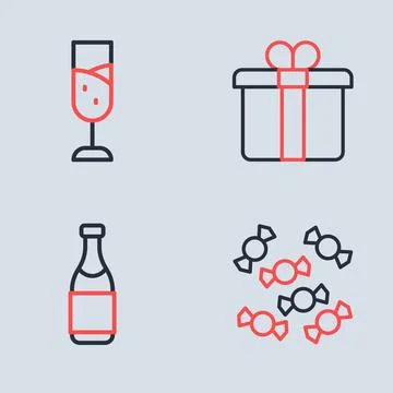 Set line Gift box, Champagne bottle, Candy and Glass of champagne icon. Vecto Stock Illustration