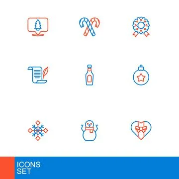 Set line Gift box, Christmas snowman, Snowflake, ball, Envelope, Champagne .. Stock Illustration