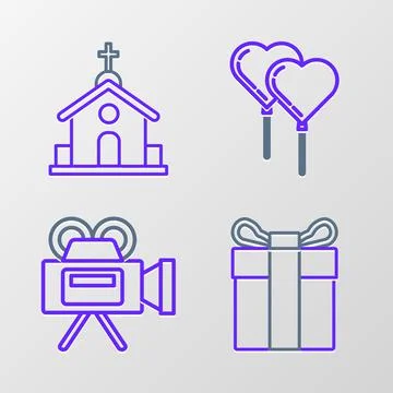 Set line Gift box, Cinema camera, Balloons form of heart with ribbon and Chur Stock Illustration