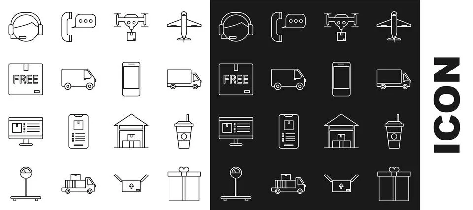 Set line Gift box, Coffee cup, Delivery cargo truck vehicle, drone with the Stock Illustration