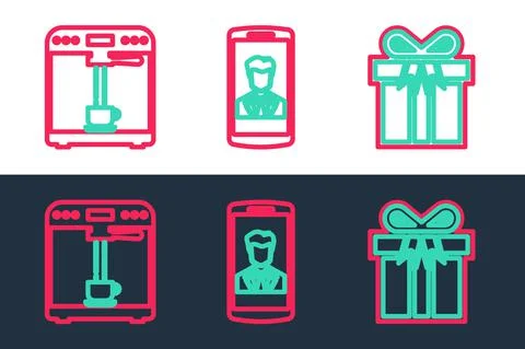 Set line Gift box, Coffee machine and cup and Smartphone with contact icon Stock Illustration