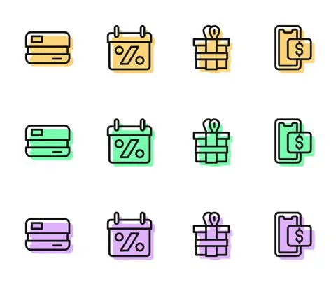 Set line Gift box, Credit card, Discount percent tag and Mobile shopping icon Illustrazione stock