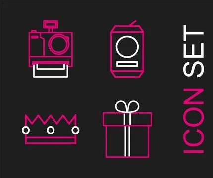 Set line Gift box, Crown, Beer can and Photo camera icon. Vector Stockillustratie