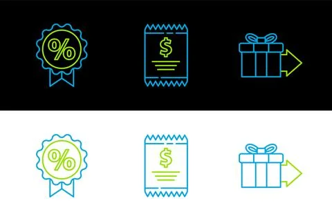 Set line Gift box, Discount percent tag and Paper check and financial check.. 스톡 일러스트
