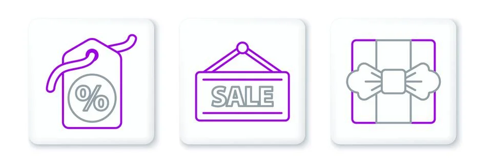 Set line Gift box, Discount percent tag and Hanging sign with Sale icon. Vect Stock Illustration