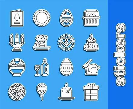 Set line Gift box, Easter rabbit, cake and eggs, Cracked, Candelabrum with .. Illustrazione stock