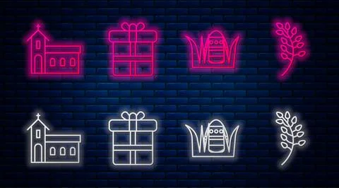 Set line Gift box, Easter egg, Church building and Willow leaf. Glowing neo.. Stock Illustration