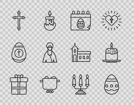Set line Gift box, Easter egg, Calendar with, Egg in hot pot, Christian cro.. 스톡 일러스트