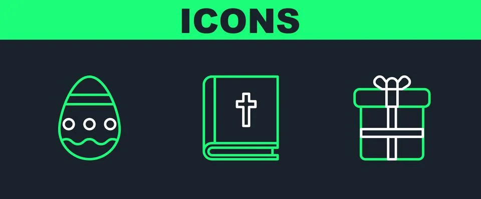Set line Gift box, Easter egg and Holy bible book icon. Vector 스톡 일러스트