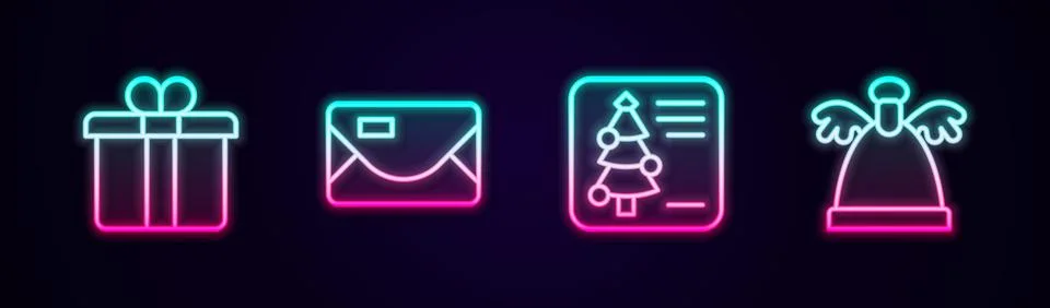 Set line Gift box, Envelope, Christmas postcard and Angel. Glowing neon icon Stock Illustration
