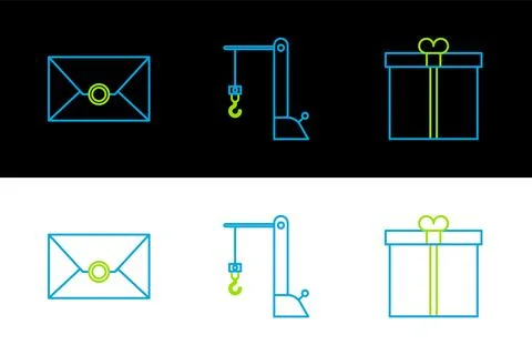 Set line Gift box, Envelope and Harbor port crane icon. Vector Stock Illustration