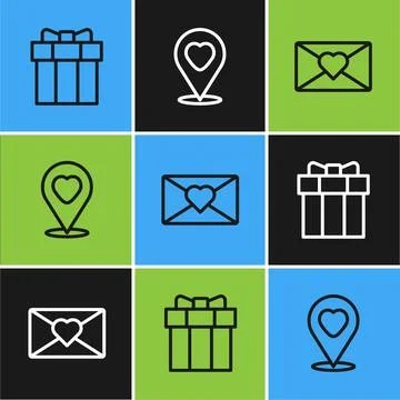 Set line Gift box, Envelope with Valentine heart and Location icon. Vector Stock Illustration