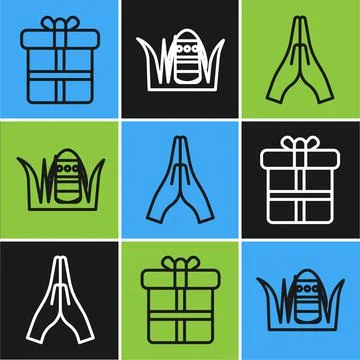 Set line Gift box, Hands in praying position and Easter egg icon. Vector 스톡 일러스트