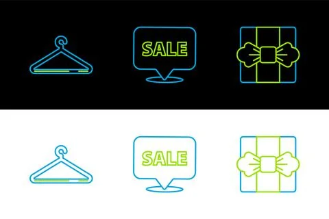 Set line Gift box, Hanger wardrobe and Hanging sign with Sale icon. Vector 库存插图