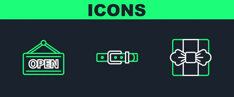 Set line Gift box, Hanging sign with Open and Leather belt icon. Vector Stock Illustration