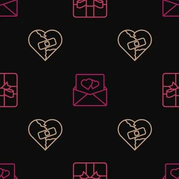 Set line Gift box, Healed broken heart or divorce and Envelope with Valentine on Stock Illustration