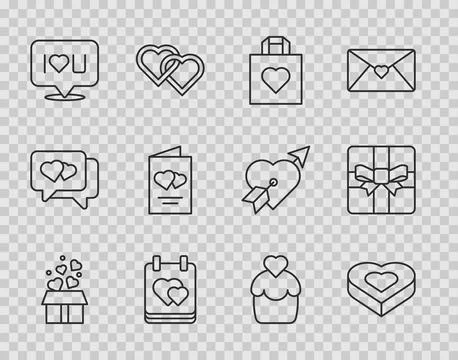 Set line Gift box with hearts, Candy in shaped, Shopping bag, Calendar, Spe.. Stock Illustration