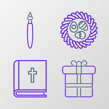Set line Gift box Holy bible book Easter egg in a wicker nest and Paint brush Stock Illustration