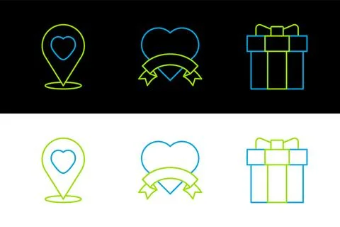 Set line Gift box, Location with heart and Heart icon. Vector Illustrazione stock