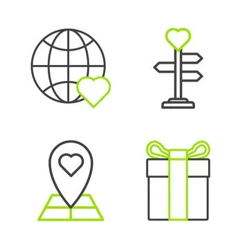 Set line Gift box, Map pointer with heart, Signpost and The world love icon Illustrazione stock