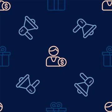 Set line Gift box, Megaphone and Buyer on seamless pattern. Vector Stock Illustration