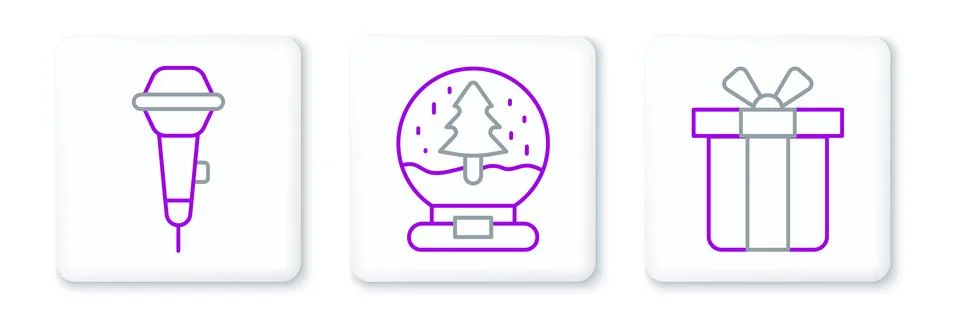 Set line Gift box, Microphone and Christmas snow globe icon. Vector Illustrazione stock