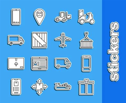 Set line Gift box, Mobile phone with app delivery tracking, Container crane Illustrazione stock