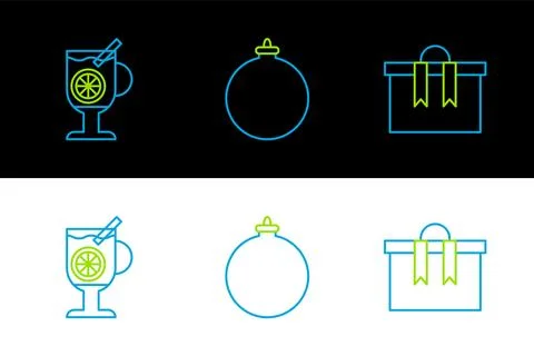 Set line Gift box, Mulled wine with glass of drink and Christmas ball icon... 库存插图