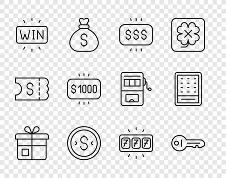 Set line Gift box, Old key, Money prize in casino, Coin money with dollar, .. Stock Illustration