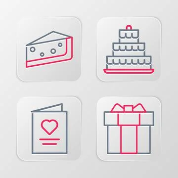 Set line Gift box, Postcard with heart, Cake burning candles and Piece of c.. Illustrazione stock