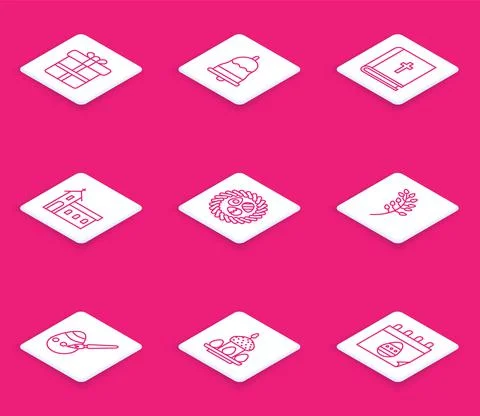 Set line Gift box, Ringing bell, Holy bible book, Church building, Easter egg a 스톡 일러스트