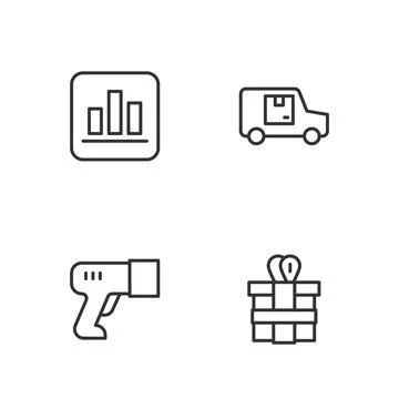 Set line Gift box, Scanner scanning bar code, Pie chart infographic and Delivery Stock Illustration