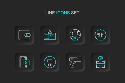 Set line Gift box, Scanner scanning bar code, Shopping cart, Mobile shoppin.. Illustrazione stock