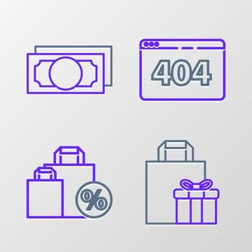 Set line Gift box, Shoping bag with discount, Page 404 error and Stacks paper Stock Illustration