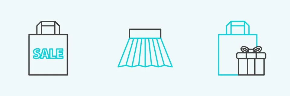 Set line Gift box, Shoping bag with Sale and Skirt icon. Vector Stock Illustration